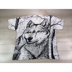 Vintage 90s Single Stitch All Over Graphic Wolf Tree Nature Graphic T Shirt XL-